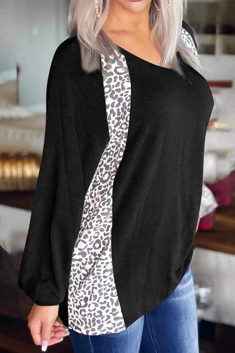 Leopard print v-neck long sleeve tee - Love Salve